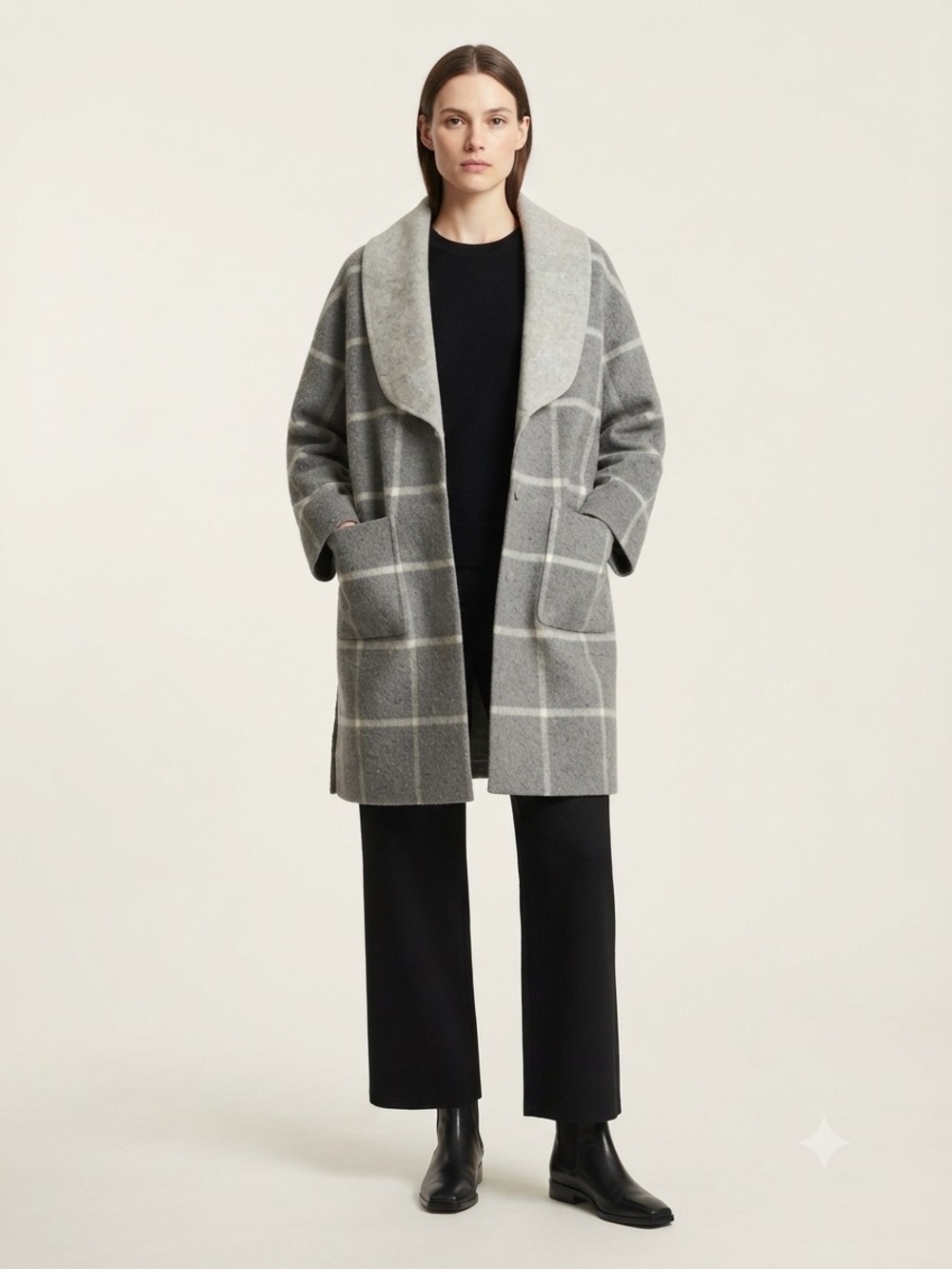 Theory Shawl Collar Gwen Plaid Wool Cashmere Coat Jacket Grey M